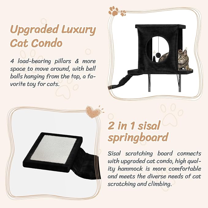 12-in-1 Cat Wall Shelves, Modern Wall-Mounted Cat Furniture, Wooden Climber Includes House, Bridge, Tree, Steps, and Scratcher, Space-Saving Cat Climbing Wall Systems, Black