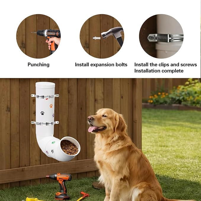 Gravity Dog Self Feeder, Automatic PVC Pipe Pet Food Dispenser, Large Capacity Hanging Chicken Feeder Station, Auto Refill Bowl for Cat Dog Chicken Turkeys Indoor & Outdoor Use, White