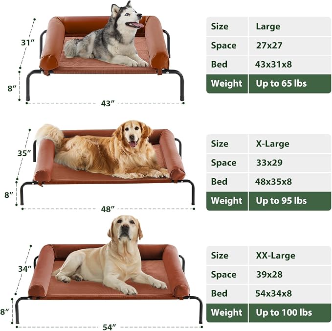 Cooling Elevated Dog Bed for Large Dogs – Waterproof Raised Dog Cot with Slope Headrest, Breathable Teslin Mesh, Durable & Portable Pet Bed for Indoor and Outdoor Use, Caramel