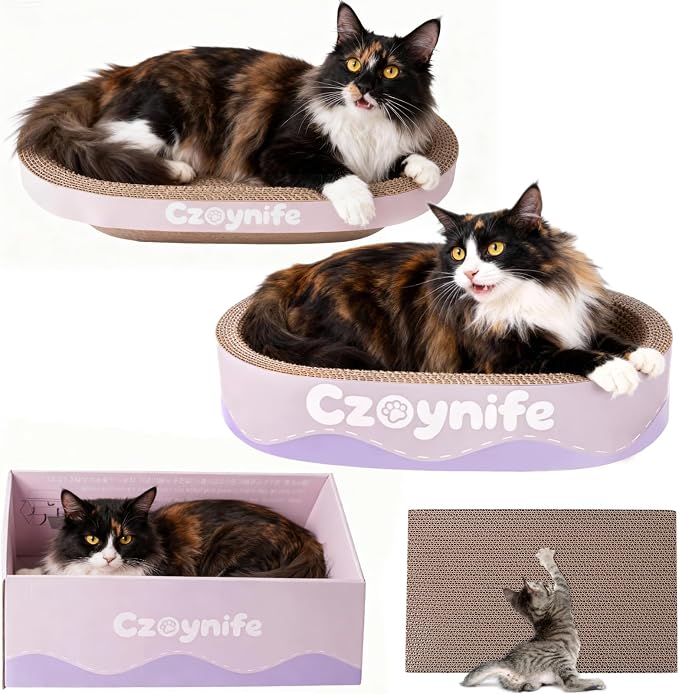 3PCS Cat Scratcher Cardboard, Oval Cat Scratch Pad Bowl Nest for Indoor Cats, Round Cat Scratching Board Corrugated Lounge Cat Bed, Furniture Protector for Couch (Purple, 17 * 11.5 in)