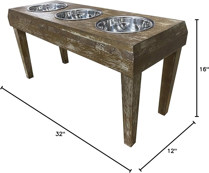 | 3 Bowl Dog Feeder - Aluminum Bowls - Washed Oak Finish - Raised Dog Feeder - 16 inch Tall - Brown