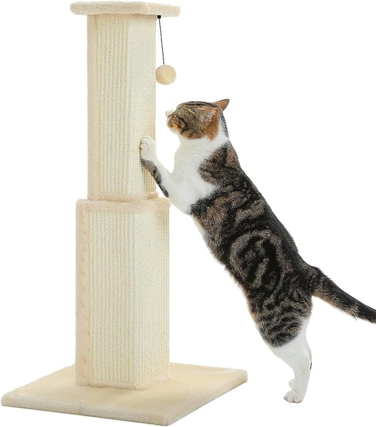 PAWZ Road Cat Scratching Post 32” Tall Square Cat Scratcher - Beige | Heavy Duty Cat Post with 16x16”Large Base Covered Sturdy Woven Sisal Scratcher and Cat Toy Ball for Adult and Indoor Cats