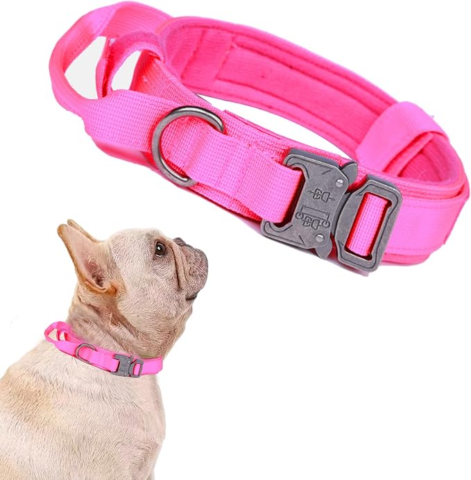 Tactical Dog Collar for Large Dogs with Control Handle,Pink,S | 1000D Heavy-Duty Nylon Fabric,Quick-Release Metal Buckle,Adjustable Fit,Soft-Padded Webbing,D-Ring,for Training & Hiking