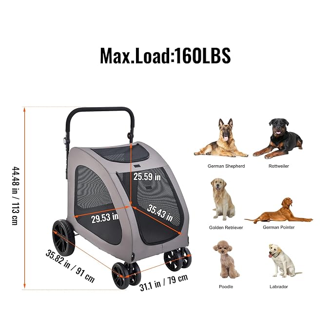 VEVOR Pet Stroller, 4 Wheels Dog Carrier with Brakes, 160lbs Weight Capacity, Portable Puppy Travel Strollers with Breathable Mesh Windows & Height-Adjustable, for Cats & Dogs