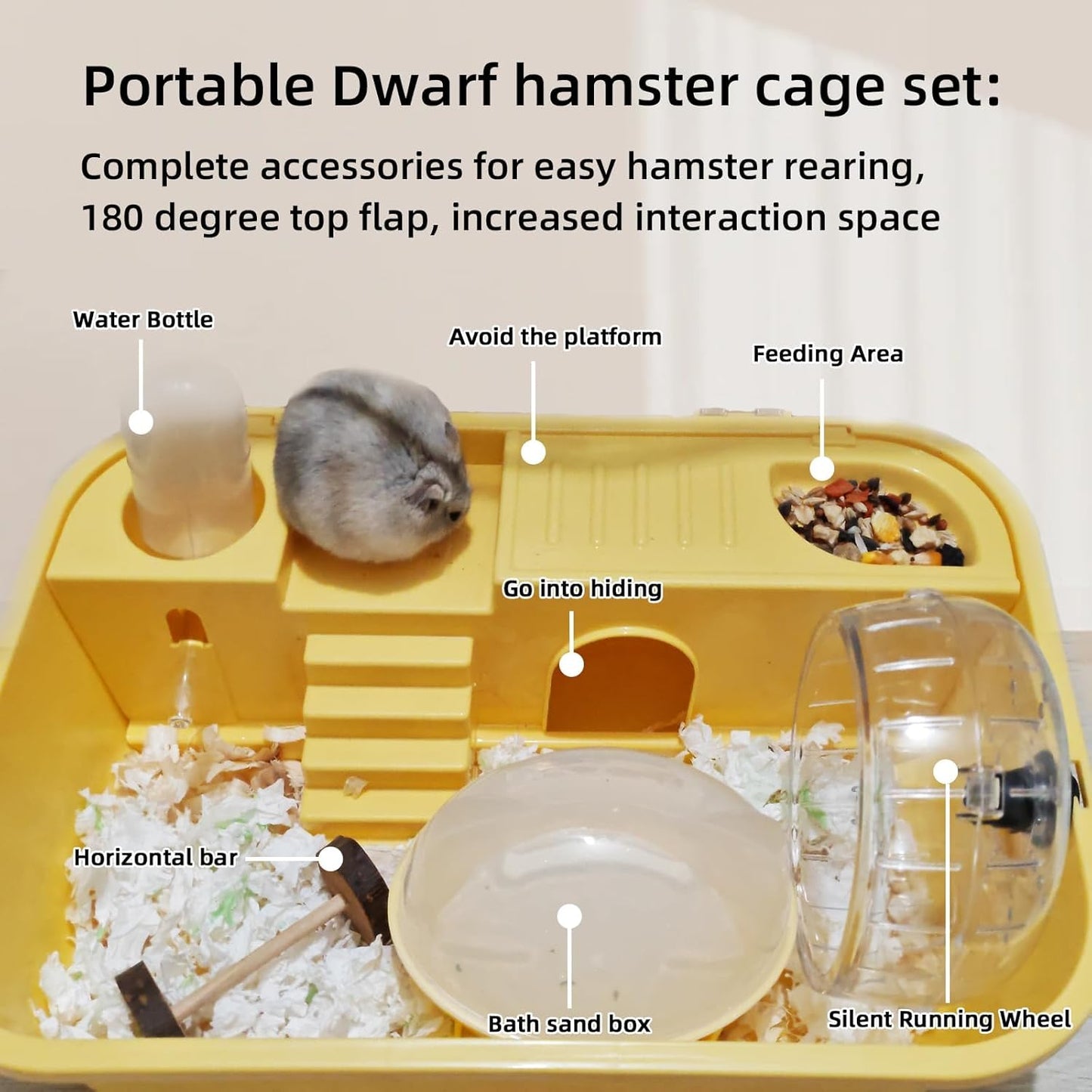 Hamiledyi Small Hamster Cage Clear Plastic Hamster Cage Portable Carrier with Water Bottle Exercise Wheel Bathtub Box Set Toy for Dwarf Baby Hamster (Yellow)
