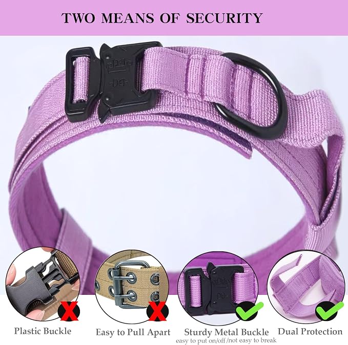 Tactical Dog Collar for Large Dogs with Control Handle,Purple,M | 1000D Heavy-Duty Nylon Fabric,Quick-Release Metal Buckle,Adjustable Fit,Soft-Padded Webbing,D-Ring,for Training & Hiking