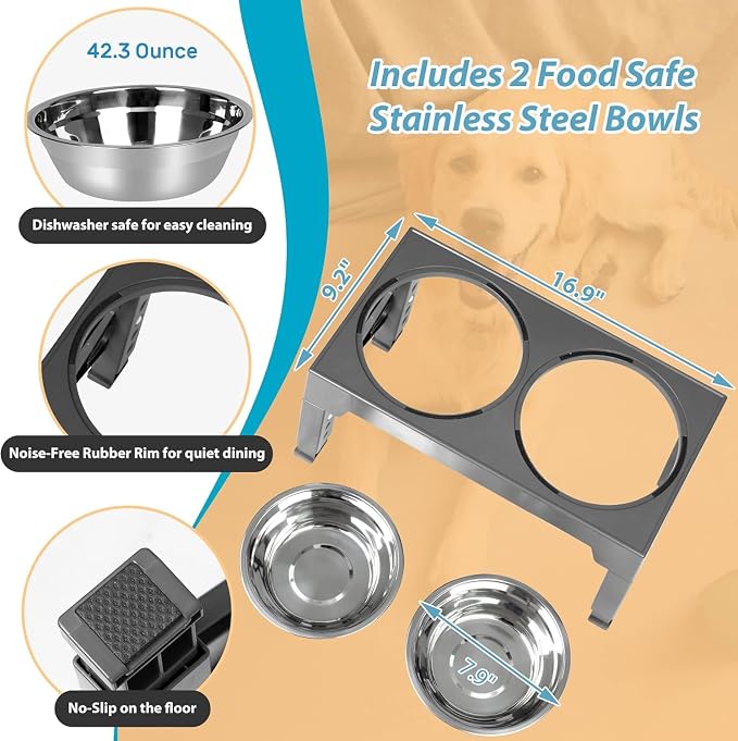 Elevated Dog Bowls with 2 Stainless Steel Dog Food Bowls, Raised Dog Bowl Adjusts to 5 Heights (3.15", 8.66", 9.84",11.02", 12.2") for Small Medium and Large Dogs