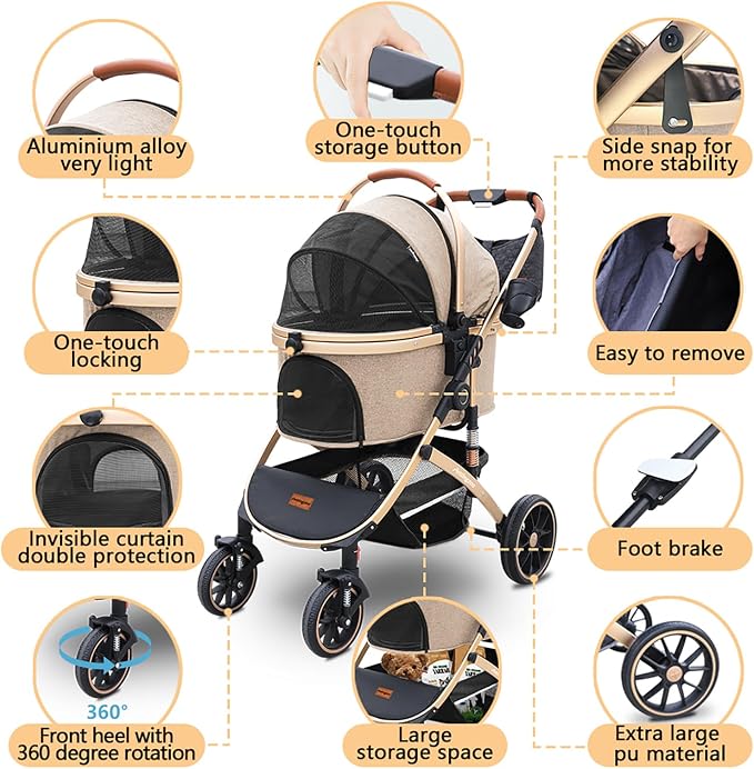Pettingzoo Dog stroller with 4 Wheels, Folding Cat Stroller for Small/Medium/Large dogs & cats to 60 lbs, pet stroller with removable carrier, Storage BasketCup Holder,3 in1 Multifunctional Detachable