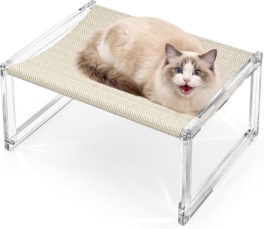 Acrylic Cat Hammock Bed, Elevated Cat Bed with Breathable Woven Mat, Sturdy Clear Cat Perch for Indoor Cats, Kittens, Small Dogs, Space-Saving Cat Furniture for Home Decor