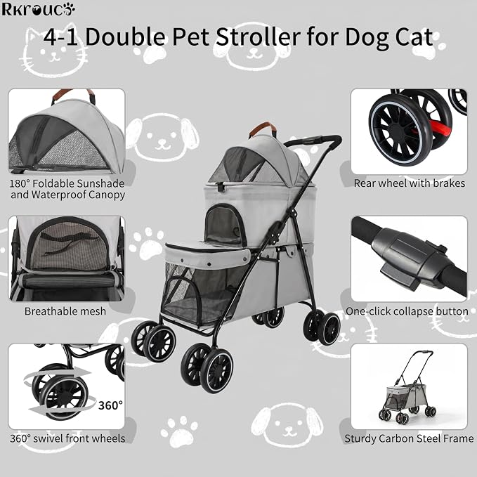 Foldable Double Pets Stroller for Dog Portable Cat Strollers for Small Medium Pet with One Detachable Carrier Flexible Lockable Wheels Lightweight Dogs Jogger (Gray)