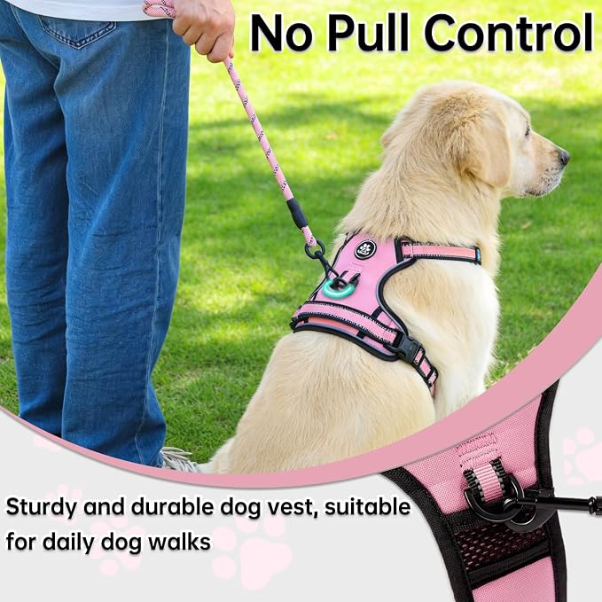 NESTROAD No Pull Dog Harness,Adjustable Oxford Medium Dog Harness with Leash,Reflective No-Choke Pet Vest Harness with Easy Control Soft Handle for Small Medium Large Dogs(M,Pink)