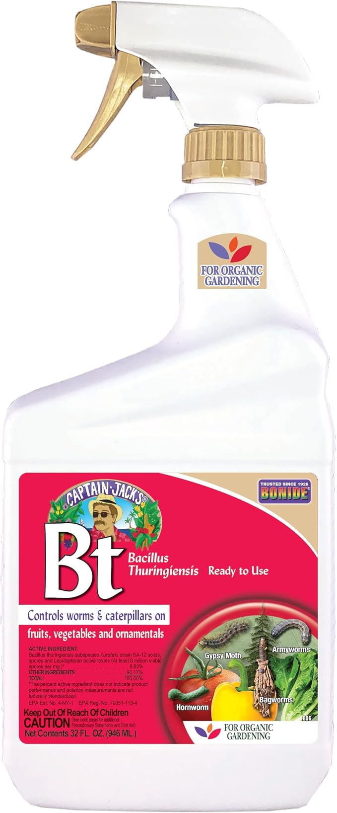 Bonide 8066 Captain Jack's Bacillus Thuringiensis BT Organic Worm & Caterpillar Control, 32 oz. Ready-to-Us - Quantity 1