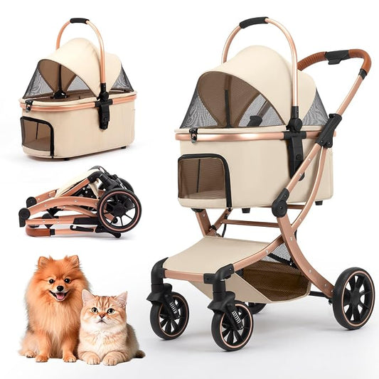 3 in 1 Pet Stroller for Small/Medium Dogs & Cats with Detachable Carrier, Storage Basket and Pet Pad, 4 Wheels Foldable Pet Travel Carrier for Car Seat & Hand Carry, Safe Outings (Khaki)