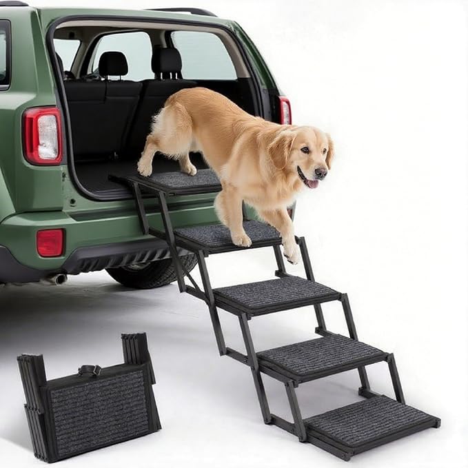 Dog Steps for Car, Truck and SUV - Foldable Pet Stairs for Large Dogs with Non-Slip Rug Surface, Lightweight Dog Ramp Holds Up to 250lbs, 5 Steps (Black Metal Fram, 5 Steps)
