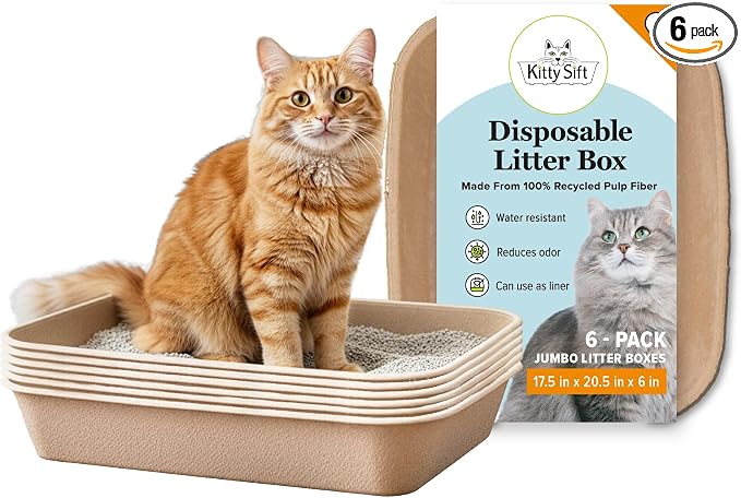 Kitty Sift Disposable Cat Litter Box Jumbo, 6 Count, Durable and Portable for Travel and Home, Eco-Friendly Disposable Litter Box Controls Odor