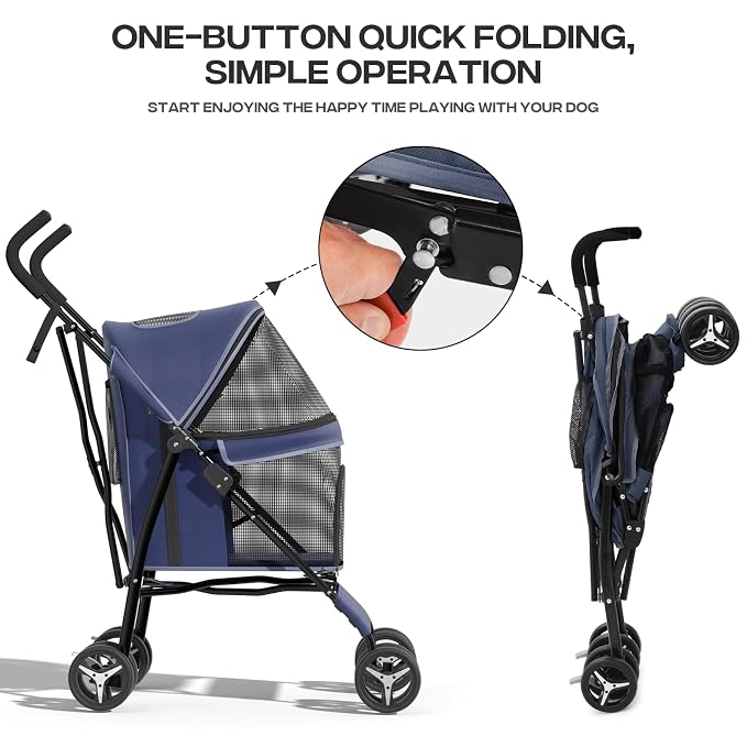 Small Dog Stroller for Small Dogs 10 lbs -22lbs Puppy Stroller Medium Dog Wagon Stroller Small Pet Stroller for Cats, Cat Strollers for 2 Cats, Rear Storage, Navy Blue