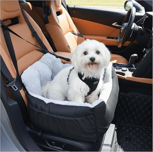 Oiilores Dog Car Seat for Small Dogs,Washable Pet Booster Seats for Car with Clip-On Safty Leash, Reversible Puppy Carseat with Storage Pockets, Travel Carrier Bed for Dogs Under 25 lbs, Grey