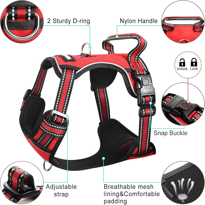 Dog Harness No Pull, Pet Harnesses with Dog Collar, Adjustable Reflective Oxford Outdoor Vest, Front/Back Leash Clips for Small, Medium, Large, Extra Large Dogs, Easy Control Handle for Walking