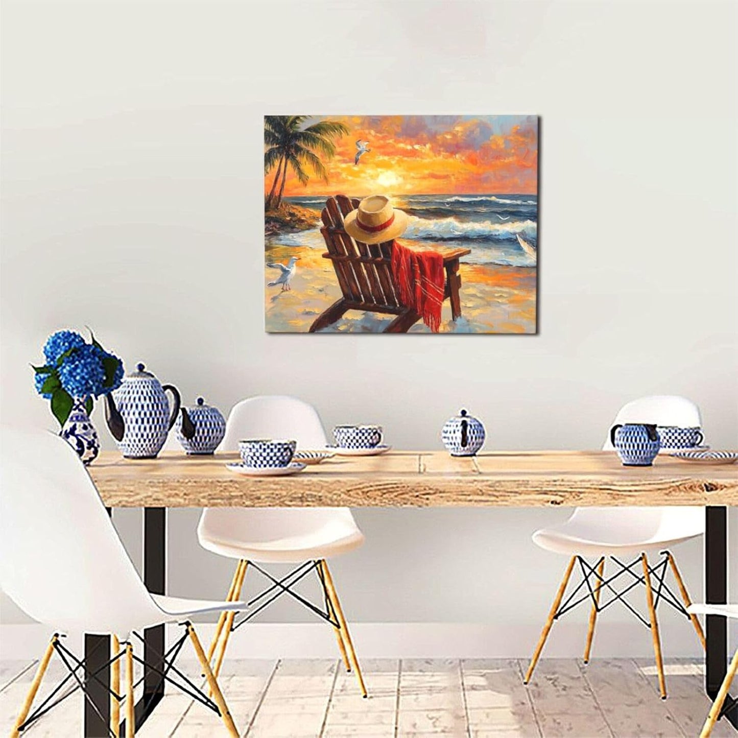 Beach Coastal Bathroom Pictures Wall Art, Seaside Ocean Bathroom Wall Decor, Sunrise Palm Framed Painting Canvas Artwork for Bedroom Living Room Decorations 20"L x 16"W