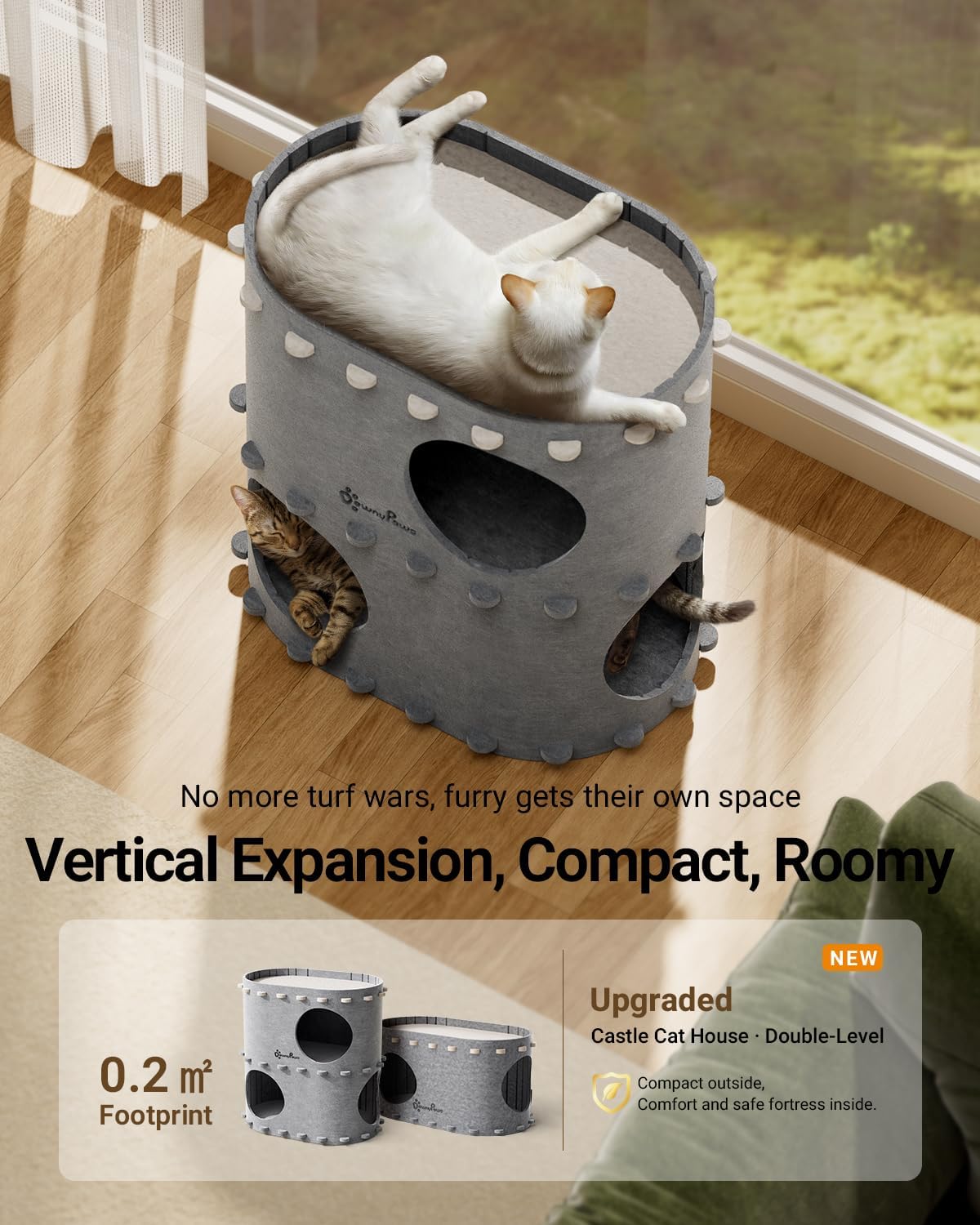 DownyPaws Cat House for Indoor Cats, 2-Storey Foldable Cat Bed Cave, Felt Cats Tunnel Bed Condo, Castle Kitten Cube Hideaway for Multicats, Scratch Resistant, Light Gray