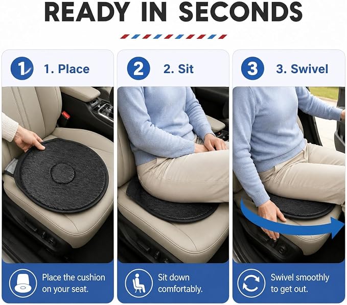 YARNOW 360 Degree Swivel Seat Cushion for Car, Black Rotating Chair Pad, Non-Slip Auto Revolving Base for Elderly and Pregnant Women, Home Office Mobility Assist