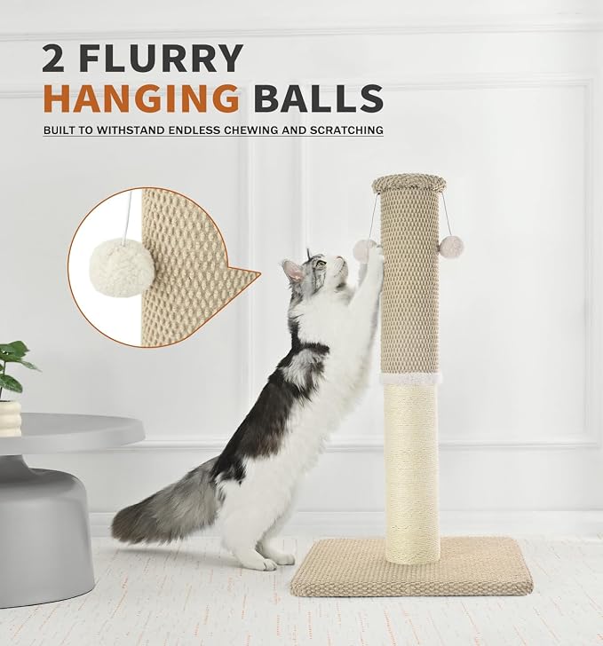 Made4Pets Tall Cat Scratching Post with Sisal & Carpet for Indoor Cats, 33" | Cat Scratcher with Wide Stable Base, Interactive Hanging Toys, Ideal for Adult Cats, Large Breeds and Full-Body Stretching