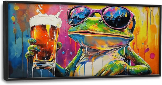 Large Graffiti Frog Wall Art for Living Room, Framed Oversized Funny Frog Beer Wall Decor Colorful Animal Canvas Painting Modern Artwork for Bathroom Bedroom Office Dining Room 60"x30"