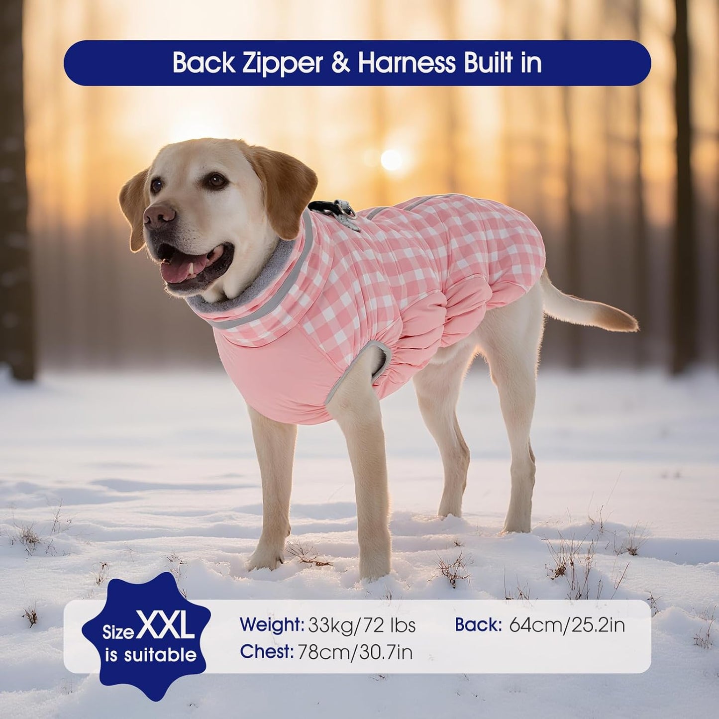 FUAMEY Dog Coat for Medium Dogs,Waterproof Dog Winter Jacket with Harness Built in Puppy Cold Weather Coats Reflective Pet Vest with Zipper Warm Fleece Dogs Snowsuit Windproof Pink Plaid M
