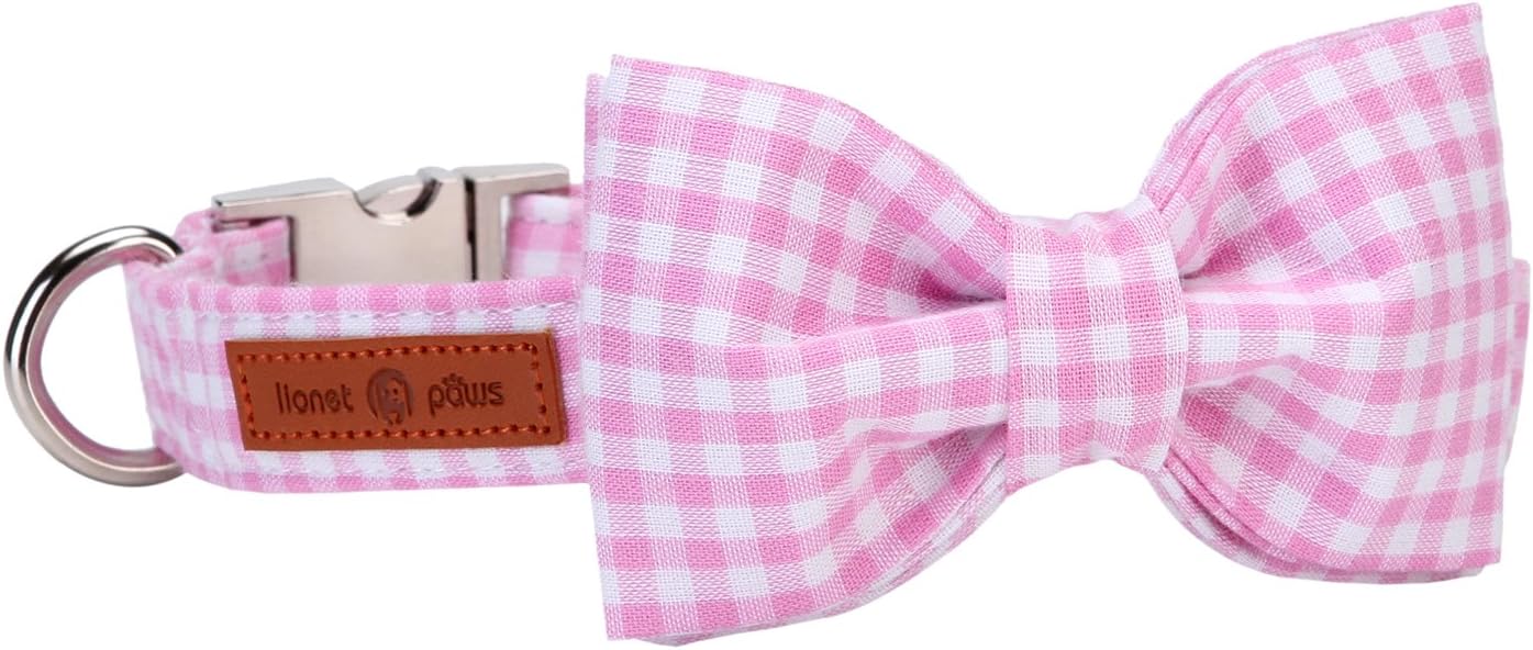 Lionet Paws Dog Collar with Bowtie, Comfortable Adjustable Cute Pink Gingham Bow Tie Collar for Female Dogs Gift, Small, Neck 10-16 inches