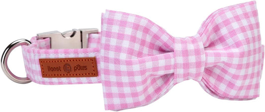 Lionet Paws Dog Collar with Bowtie, Comfortable Adjustable Cute Pink Gingham Bow Tie Collar for Female Dogs Gift, Medium, Neck 13.5-22 inches