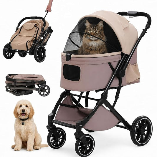 MUTTROS Dog Stroller, Pet Stroller for Small Medium Dogs & Cats Up to 66lbs, One Click Folding, Large Cat Stroller w/All Terrain Shock Absorbing Wheels, Reversible Handle, Multiple Pockets, Khaki