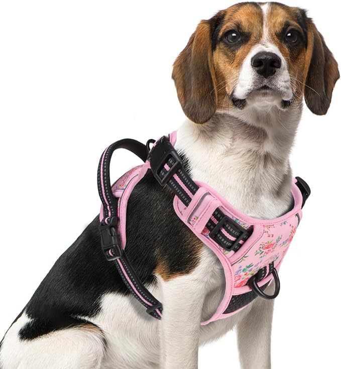 PUPTECK No Pull Tactical Dog Harness Medium Sized, Adjustable Reflective Dog Harness with Handle Easy Control, Comfortable Soft Padded Pet Vest Harness for Medium Dogs, Pink Flowers M