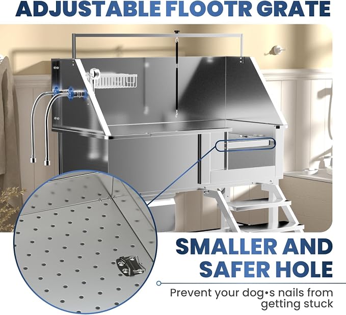 46" Dog Wash Station, 304 Stainless Steel, Side Stair, 440 lb | Storage Drawer, pet grooming tub, hot cold faucet, fixed sprayer, shampoo dispenser, S-trap, hair filter, garage outdoor use