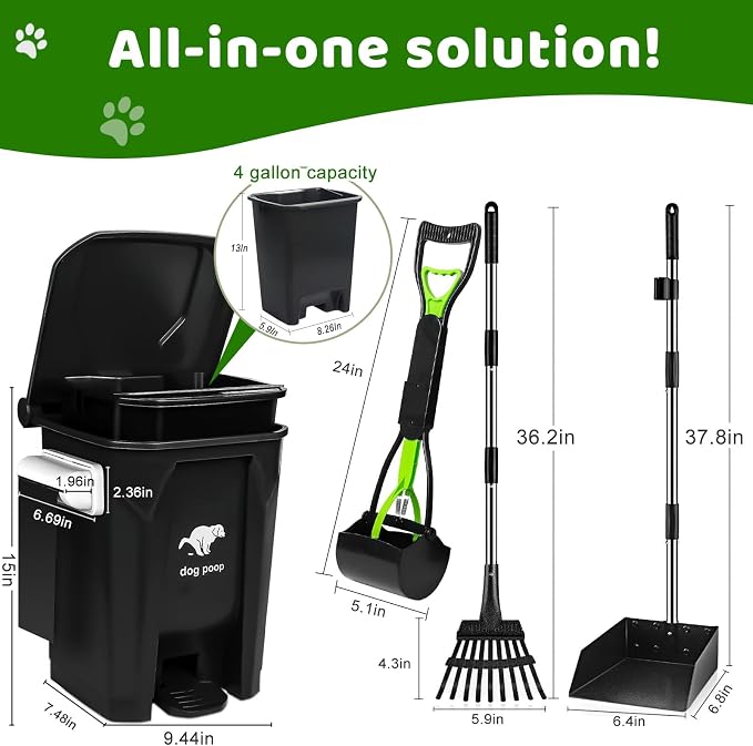 Dog Poop Trash Can Outside - 20L/5Gal Dog Poop Scooper Set, Black | Outdoor Trash Can with Lid and Removable Inner Bin,Dog Waste Trash Can with 100 Bags & Storage Box and Metal Rake & Tray