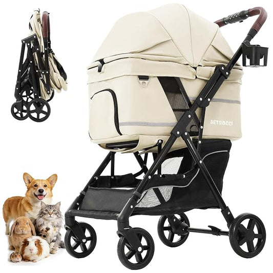 No-Zip Pet Stroller for Small Dogs & Cats, 44 lb, White | No-Zip Canopy, 44 lb Capacity, Reflective Trim, 2 Tethers, Lockable Front Wheels, Rear Brake and One-Hand Fold