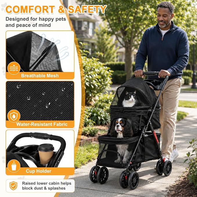 Double Pet Stroller for 2 Cats & Dogs, 2-in-1 Cat & Dog Stroller, Lightweight Foldable Travel Cart with Cup Holder & Brake Cat Strollers for 2 Cats, Dog Strollers for 2 Small Dogs