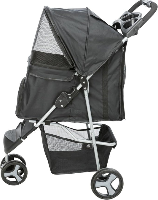 TRIXIE Foldable Pet Stroller for Cats and Dogs, Pet Carrier Strolling Cart with Weather Cover, Storage Basket, Cup Holder, Black | Lightweight, Compact and Portable, Easy to Travel