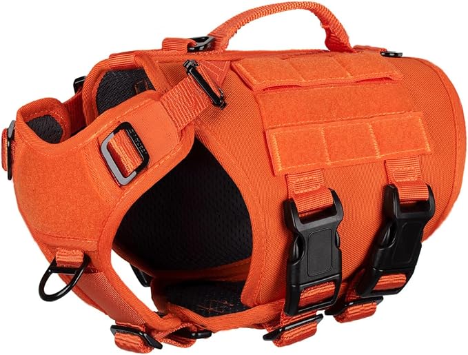 ICEFANG No Pull Tactical Dog Harness for X-Small Dogs,Adjustable Dog Vest | Control Handle,MOLLE Panel,Front Hook,3 Leash Clips,Soft Padded,for walking training,Orange,X-Small