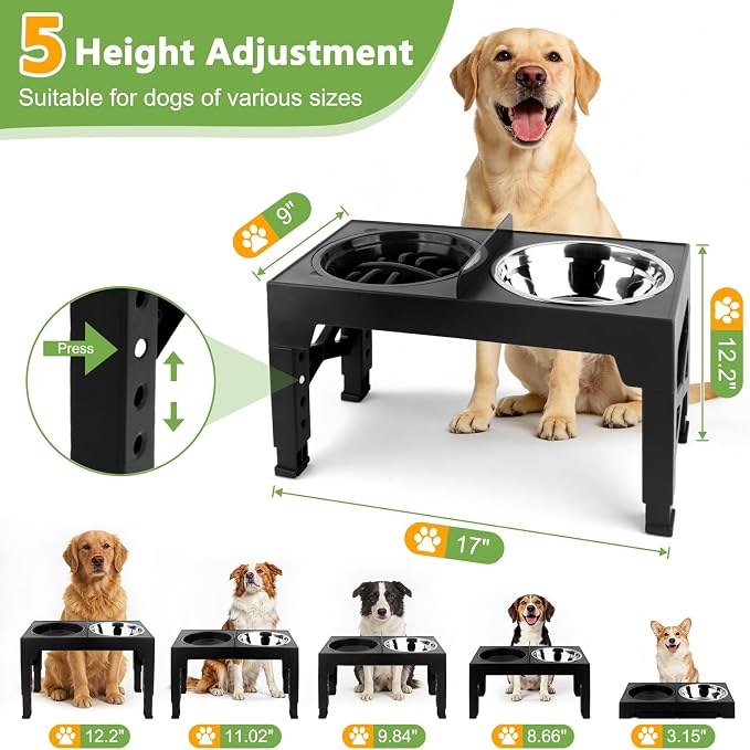 4-in-1 Elevated Dog Bowl Stand with Slow Feeder, 5 Adjustable Heights | Spill-Proof Water Dish, 2 Stainless Steel Bowls, Anti-Mix Divider, Foldable Non-Slip EVA Base, For Small to Large Dogs