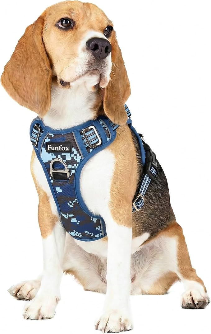 Dog Harness No Pull, Adjustable Pet Vest Harness, Super Soft Material with Vertical Handle Easy Control, Reflective Night Walking, 2 Leash Clips for Medium Sized Dogs, Mosaic Blue, M