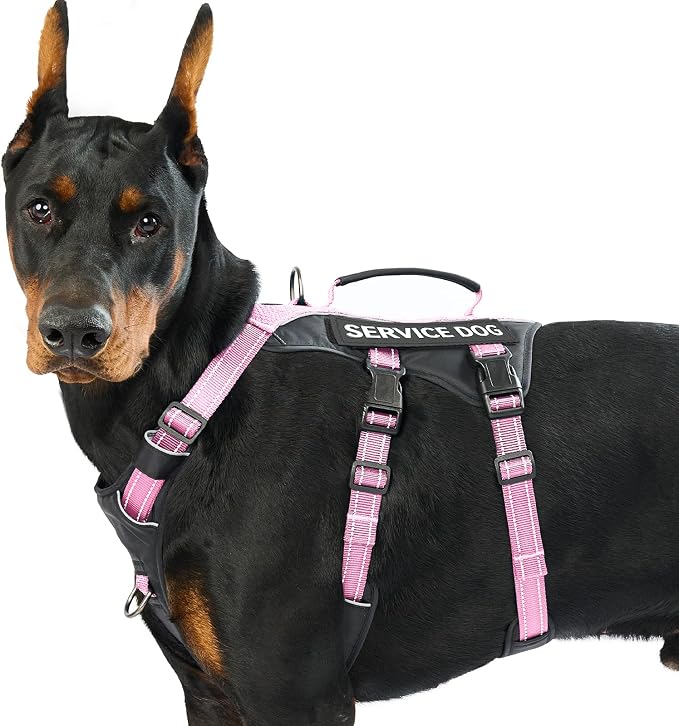 Service Dog Vest Harness, Escape Proof Harness with 6 Patches, No-Pull, Reflective Harness with Handle, Adjustable for Small to Large Dogs, for Training and Hiking (Pink, L)