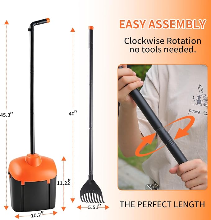 ienjoyed 40" Tall Dog Pooper Scooper with 100 Bags Attachment, Large Capacity Swivel Bin and Rake Metal Pole, Long Handle Pooper Scooper for Large Dogs, Dog Poop Scoop for Yard (Orange)