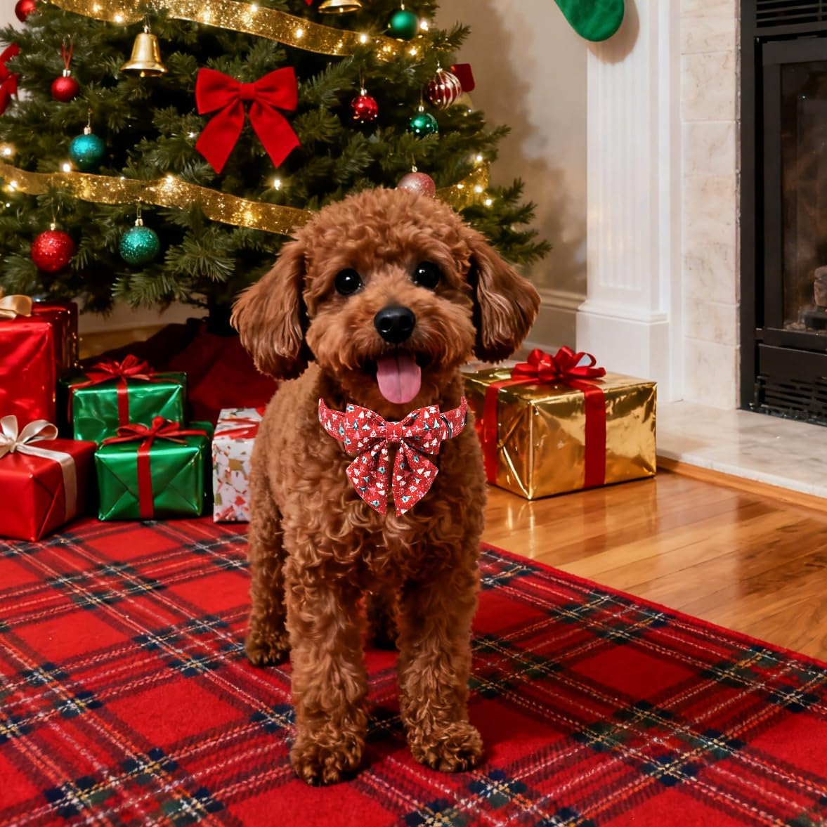 Lionet Paws Christmas Dog Collar with Sailor Bow, Cute Christmas Tree Red Dog Collar Bow Tie for X-Large Dogs, Neck 16-26 inches