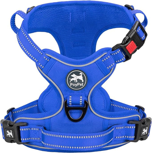 PoyPet No Pull Dog Harness, Reflective Vest with 2 Leash Clips & Handle | Lockable Neck Release Buckle, No Choke, Adjustable, Soft Padded, for Walking Training, Royal Blue, Medium