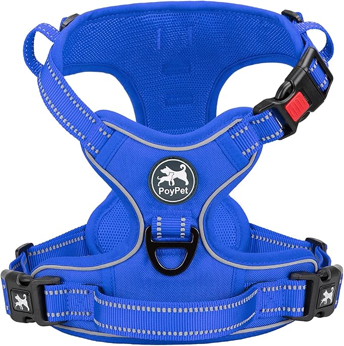 PoyPet No Pull Dog Harness, Reflective Vest with 2 Leash Clips & Handle | Lockable Neck Release Buckle, No Choke, Adjustable, Soft Padded, for Walking Training, Royal Blue, Small