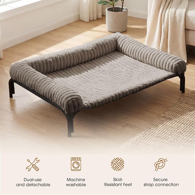 Czpalo Elevated Dog Bed with Removable Bolster Cushion Mat, Raised Pet Cot for Large Sized Dogs with Breathable & Washable Mesh, Indoor & Outdoor Pet Hammock with Skid-Resistant Feet.