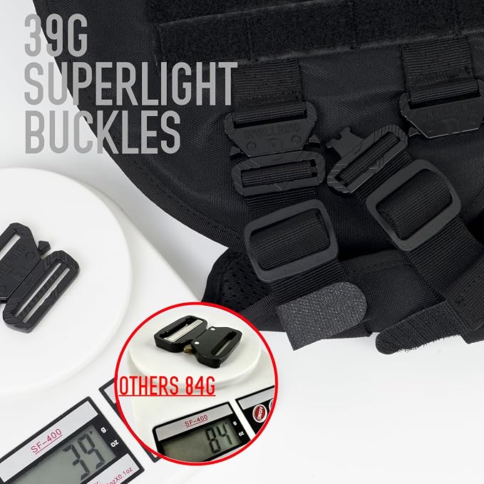 Service Dog Vest for Large Dogs, Black Tactical Harness with Military MOLLE, Breathable Mesh & 39g Metal Buckle - Size M for Training & Hiking