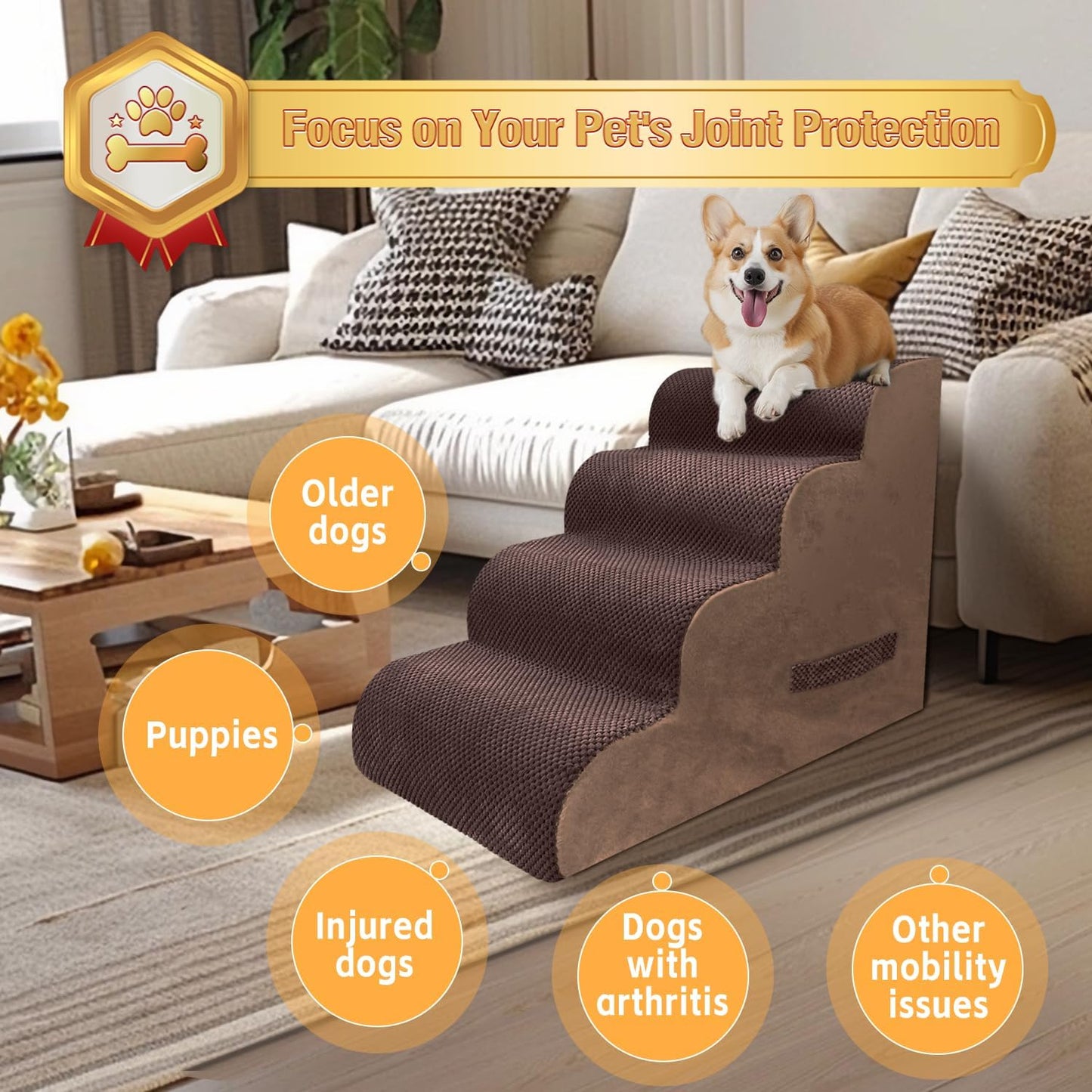 PAWSCART Dog Stairs for Small Dogs and Cats, 4-Step Dog Steps for Bed, 19.6" H Pet Stairs for High Bed, Pet Ramp for Couch, Sofa, Non-Slip Surface Removable Washable Cover, Brown