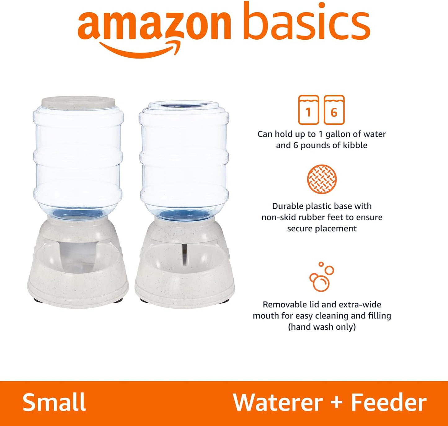 Amazon Basics Automatic Dog Cat Water Dispenser Gravity Feeder Set, Pack of 2, Small, 6-Pound Food Capacity, 1-Gallon, Gray