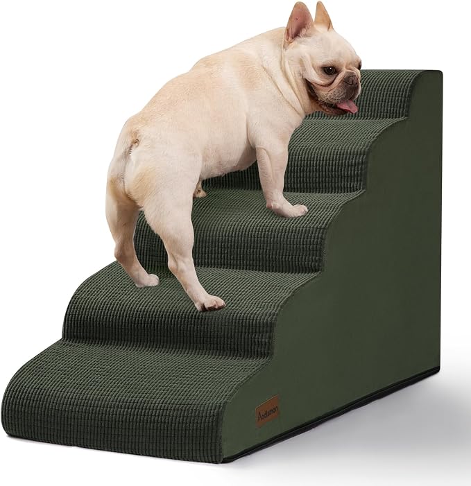 Aodisman Dog Stairs for High Bed,5-Step Pet Ramp for Small Dogs and Cats | 22.2" H Dog Steps for Bed with High-Density Foam, Help Olders,Short-Legged Dogs,Puppy and Cats Get on Beds Easily,Grey,Green